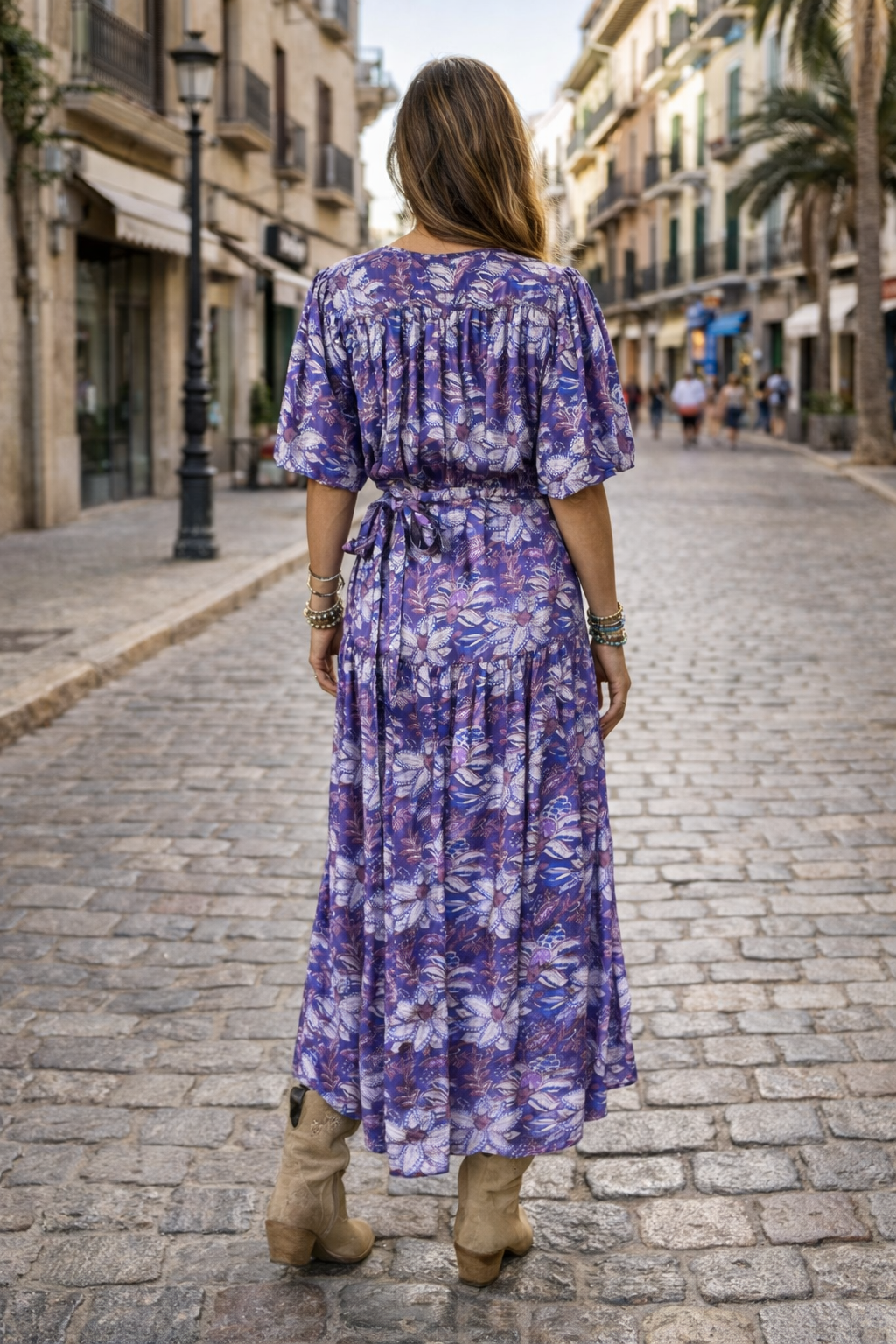 Lilian Wrap Dress - Puff sleeve wrap dress in a purple floral viscose satin, Maxi length