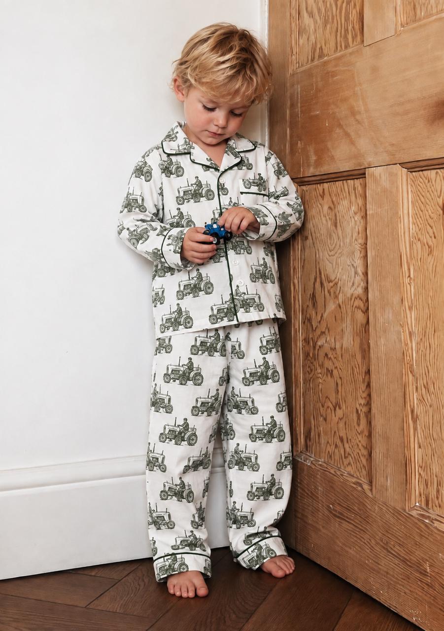 Kids Woodblock Print Tractor Pyjamas