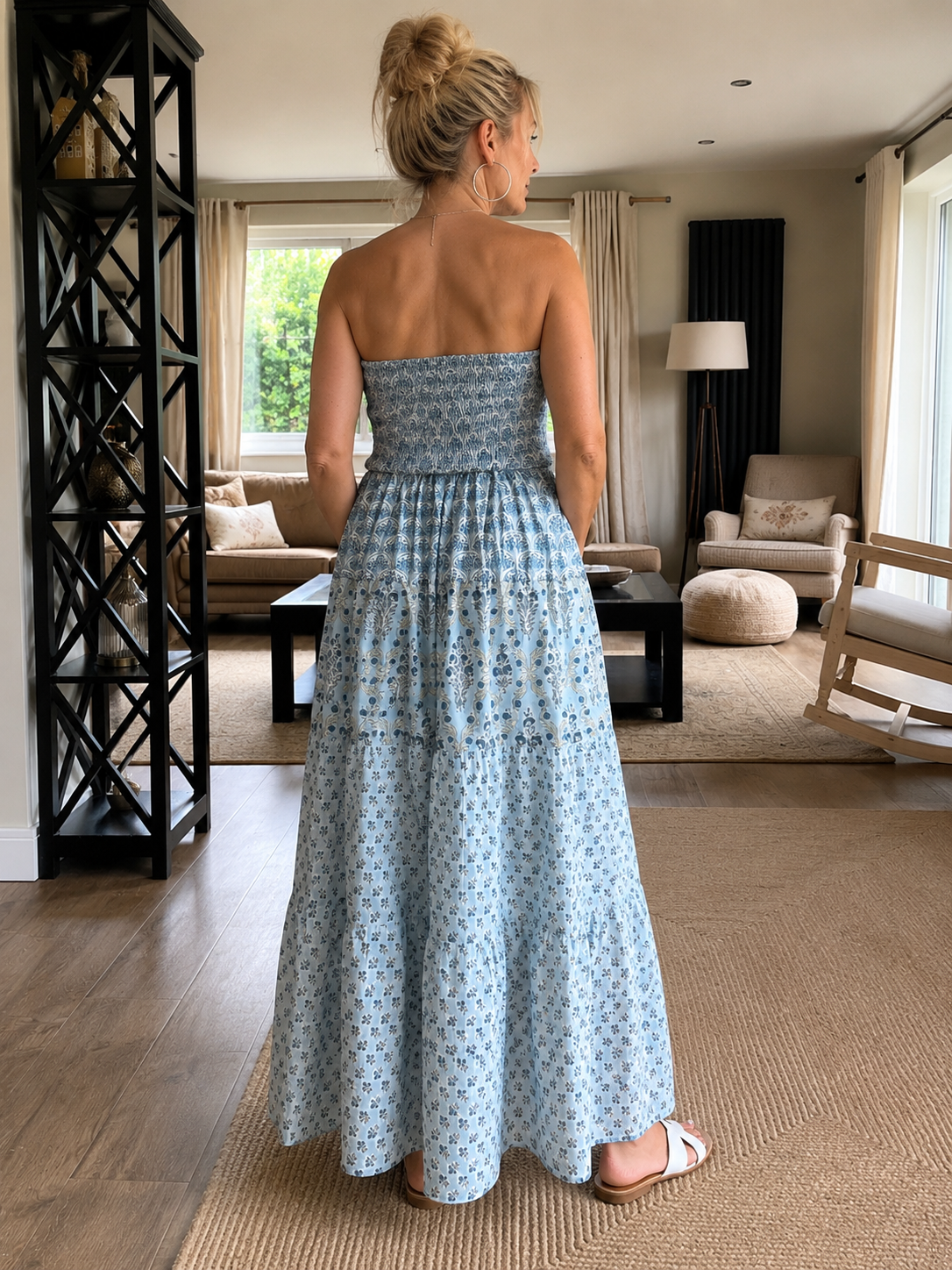Strapless summer maxi in soft blues - woodblock print