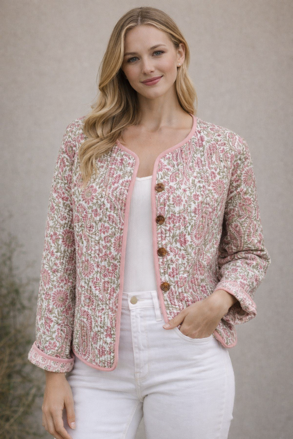 Pink/Green Floral wood block printed reversible jacket with wooden buttons, 100% cotton, hand printed by amazingly talented artisans in Jaipur.