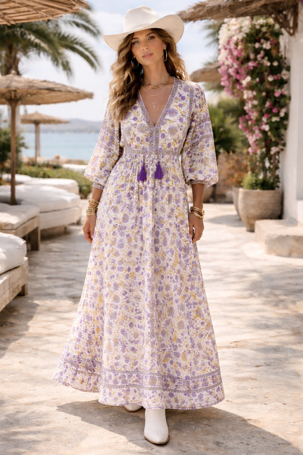 Amelia San Floral Lilac Floaty sleeve woodblock print with flowers, maxi dress