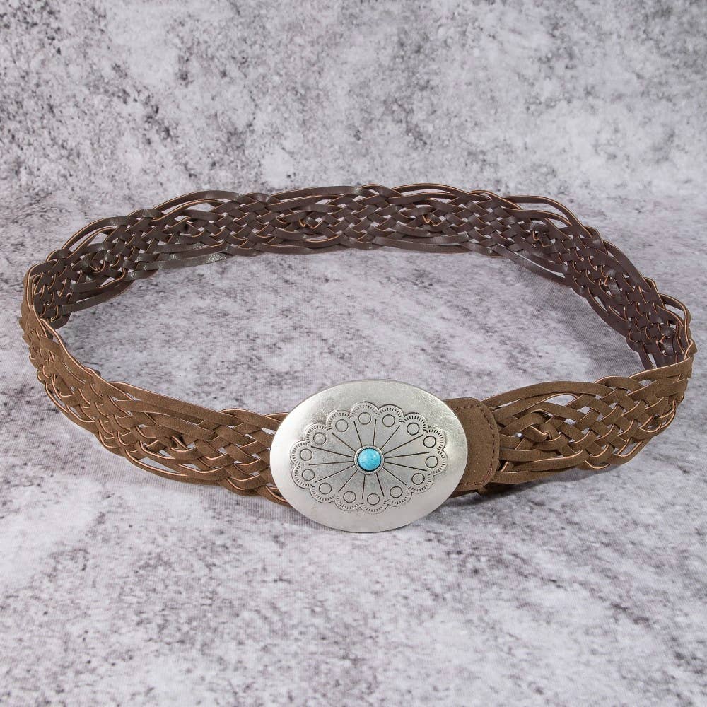 Western Braided Concho Buckle Vegan Leather Belt: SDBR
