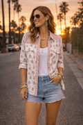 Long sleeve western style shirt in cotton voile, with a beautiful wood block print