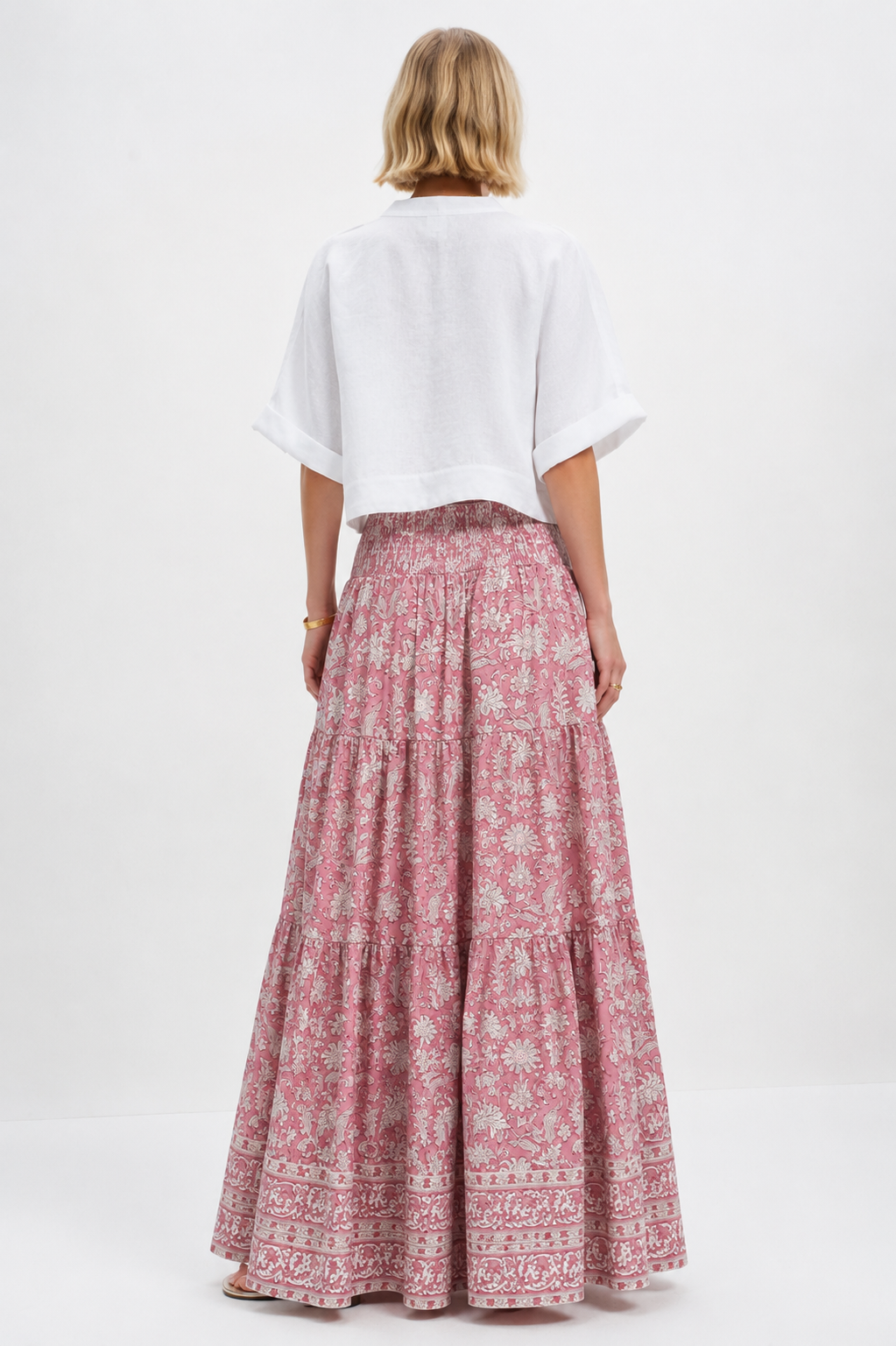 Pink Brianne woodblock printed cotton voile skirt with border