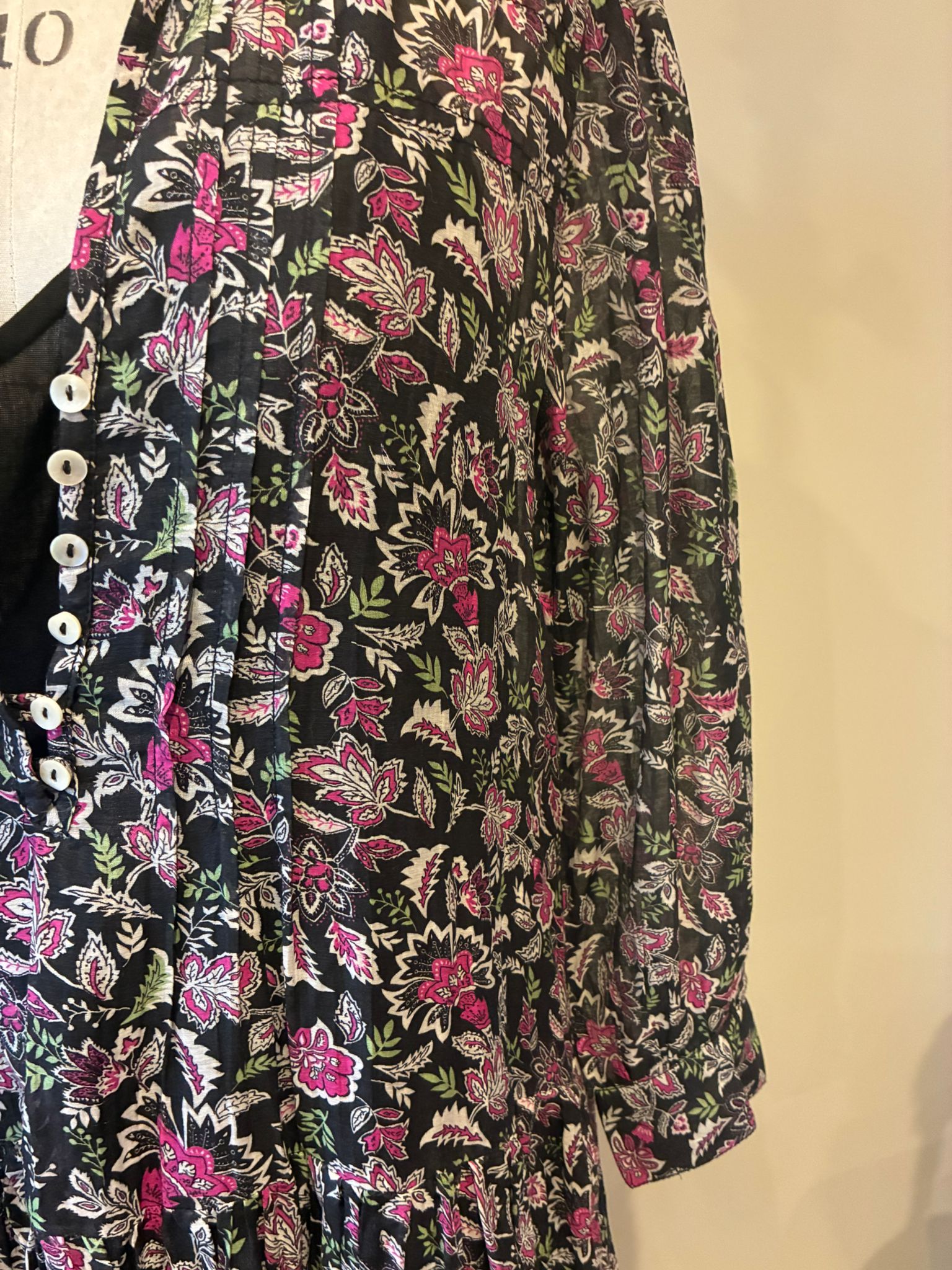 Inky black Cotton / Silk maxi dress in beautiful floral print with separate cotton vest under garment. Side pockets.