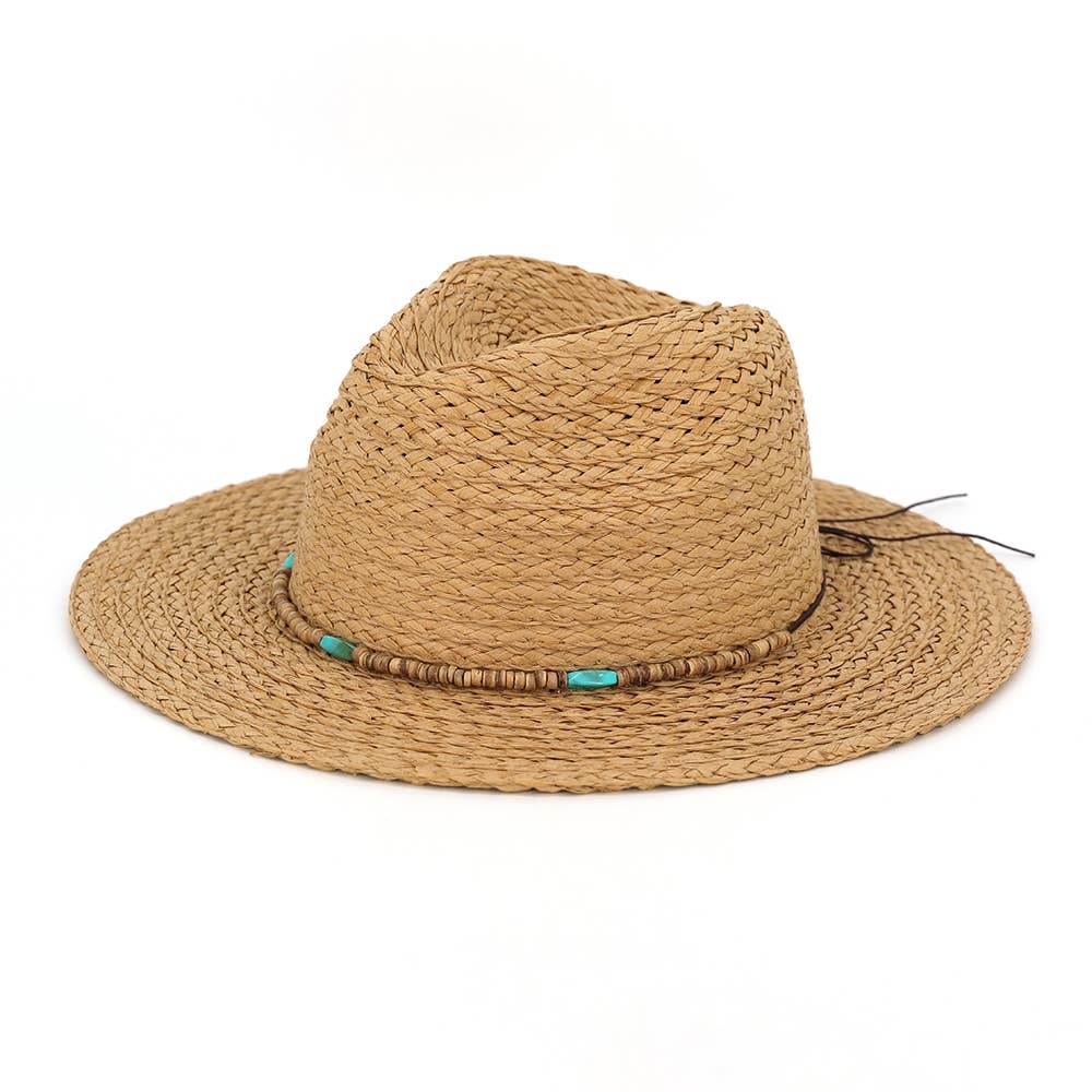 Turquoise Wood Bead Band Natural Straw Hat: BE