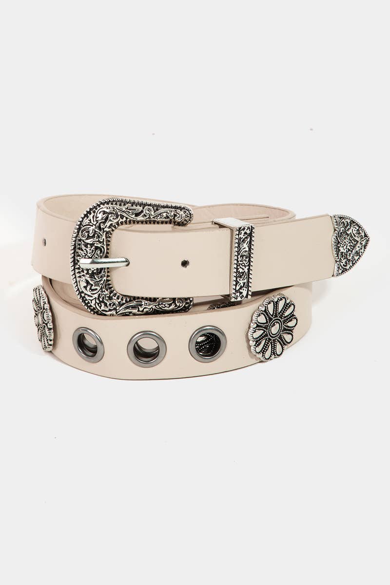 Western Etched Buckle Vegan Leather Belt: KA
