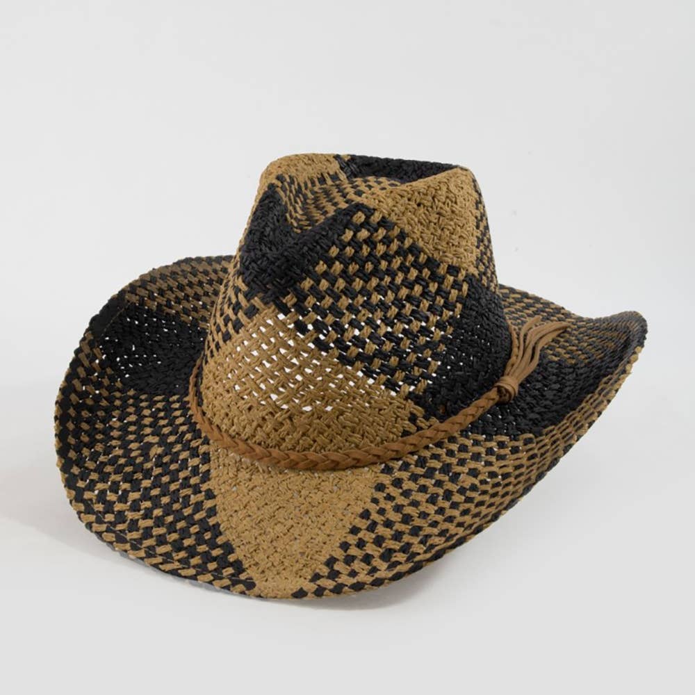 Two Tone Straw Braided Patches Cowboy Hat: KA