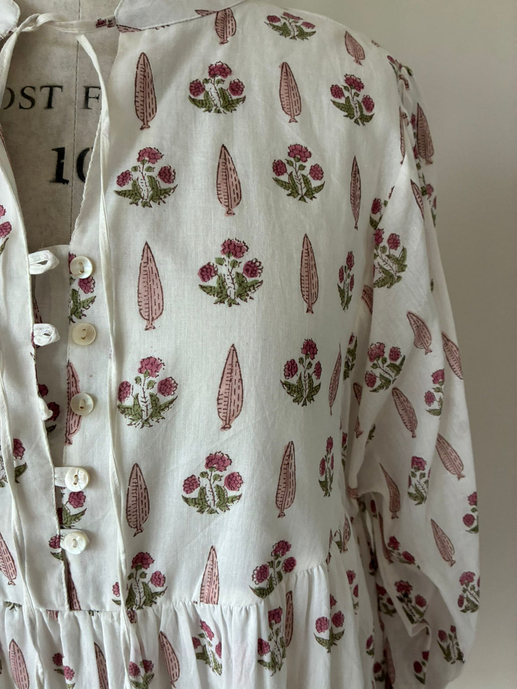Lalita Cream Woodblock print maxi dress 100% cotton, side pockets and border print hem
