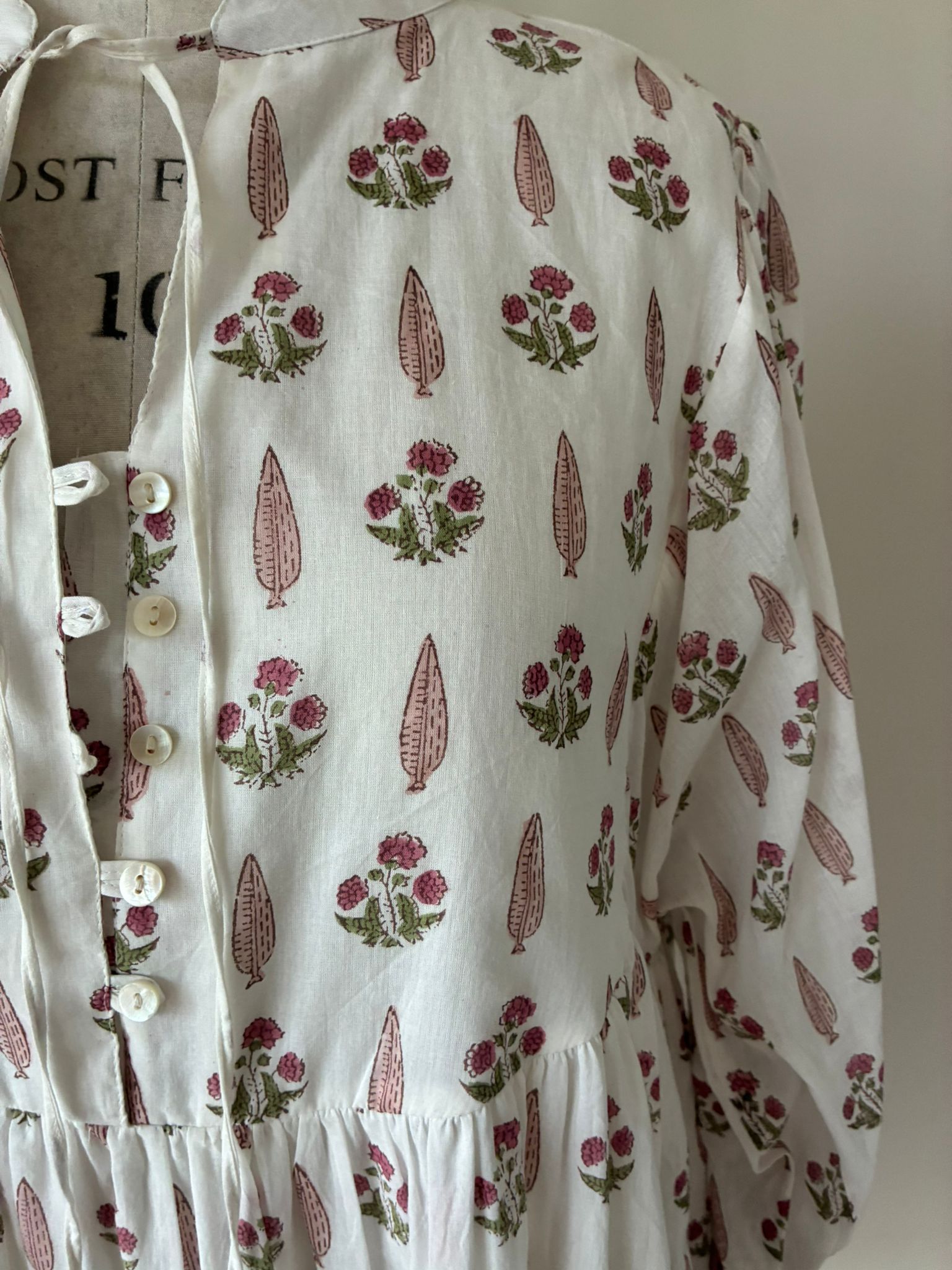 Lalita Cream Woodblock print maxi dress 100% cotton, side pockets and border print hem
