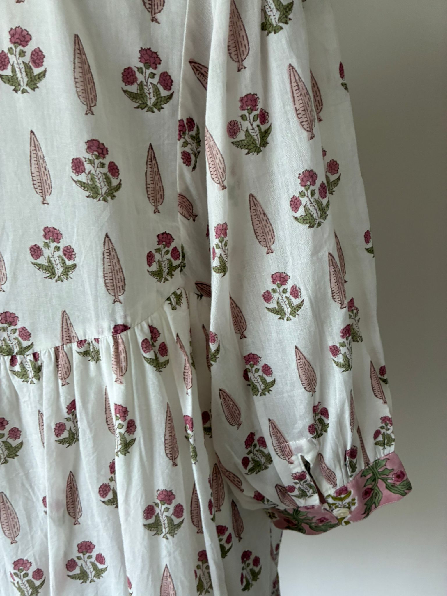 Lalita Cream Woodblock print maxi dress 100% cotton, side pockets and border print hem