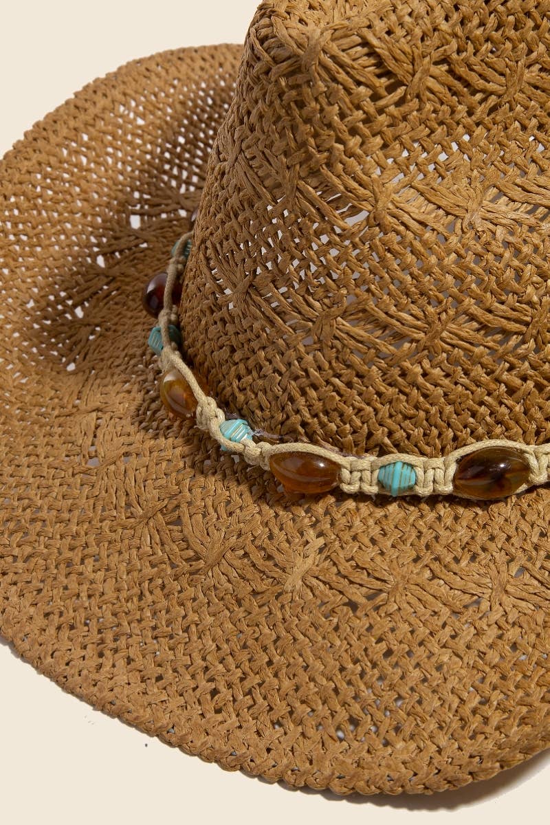 Mixed Beaded And Rope Western Fedora Straw Hat: KA