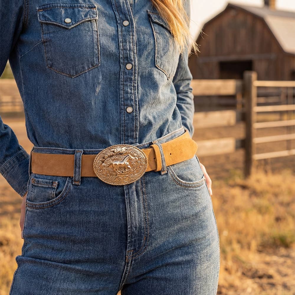 Suede Large Western Horse Medallion Buckle Belt: BROWN
