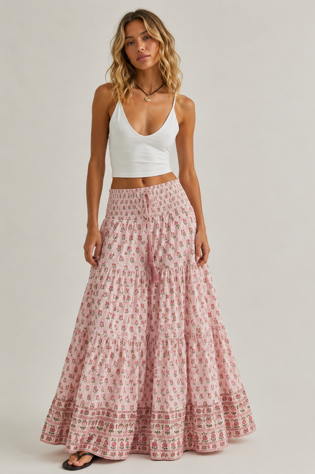 Pink floral woodblock skirt in cotton voile with lining .