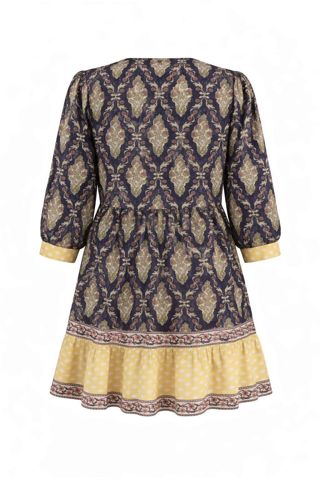 Bella Inky Knee length wood block printed dress with contrast border. 100% cotton with pockets and shell buttons