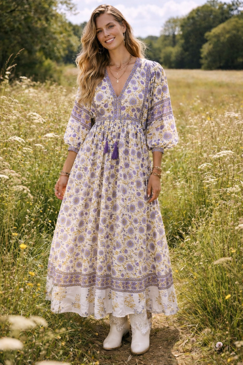 Amelia San Floral Lilac Floaty sleeve woodblock print with flowers, maxi dress