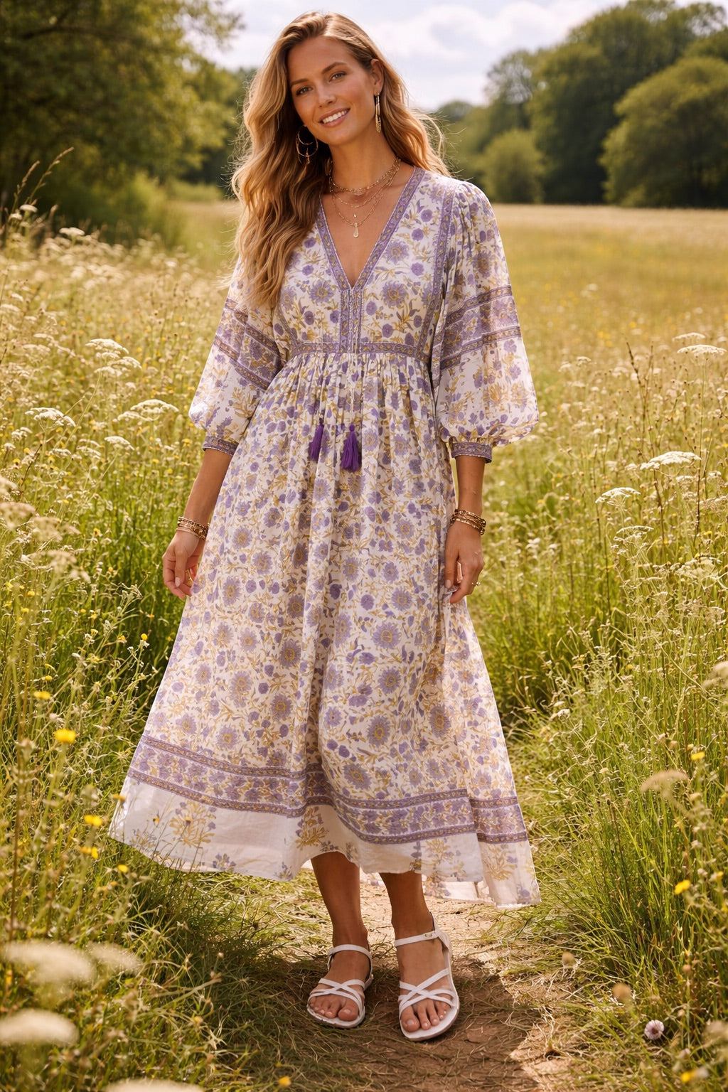 Amelia San Floral Lilac Floaty sleeve woodblock print with flowers, maxi dress