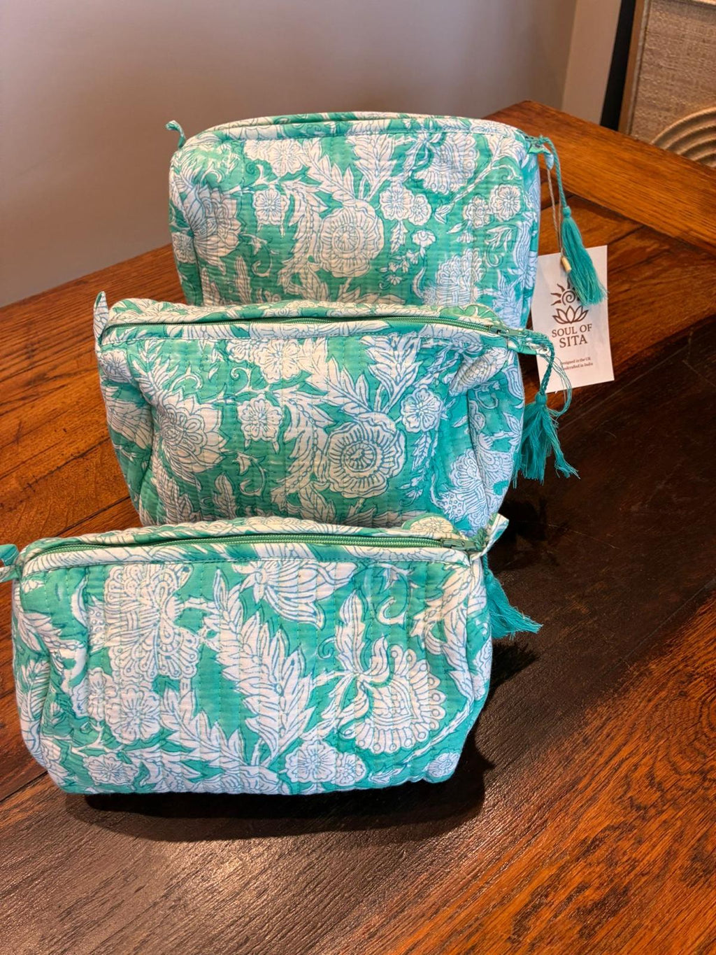 Woodblock printed Mint Green Floral Quilted Makeup Bag