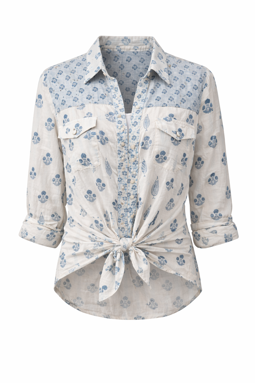 Western style woodblock printed cotton voile shirt