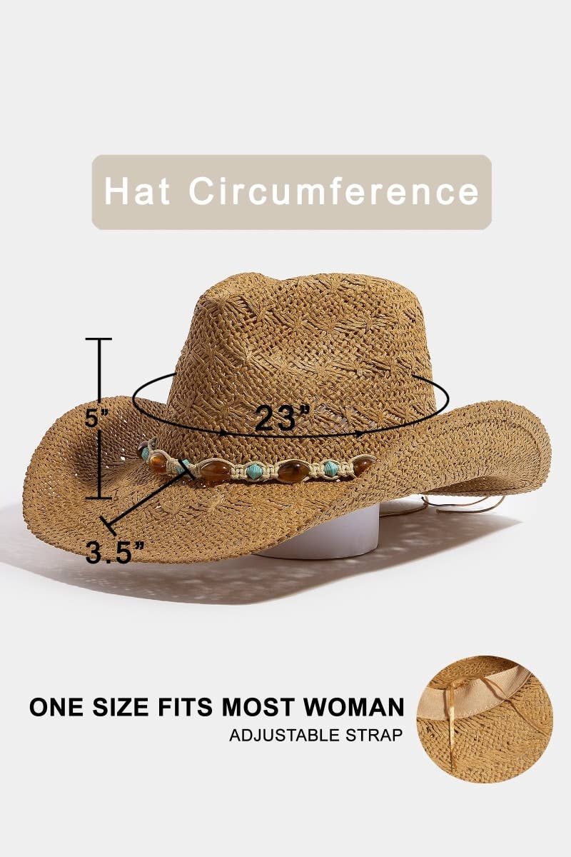 Mixed Beaded And Rope Western Fedora Straw Hat: KA