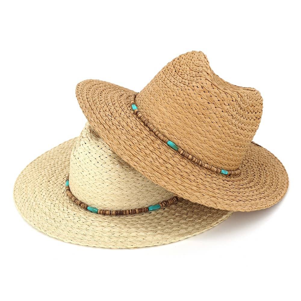 Turquoise Wood Bead Band Natural Straw Hat: BE