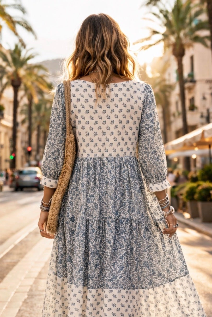 Ayla Ethic Blue and white ditsy floral contrast dress - 100% cotton voile