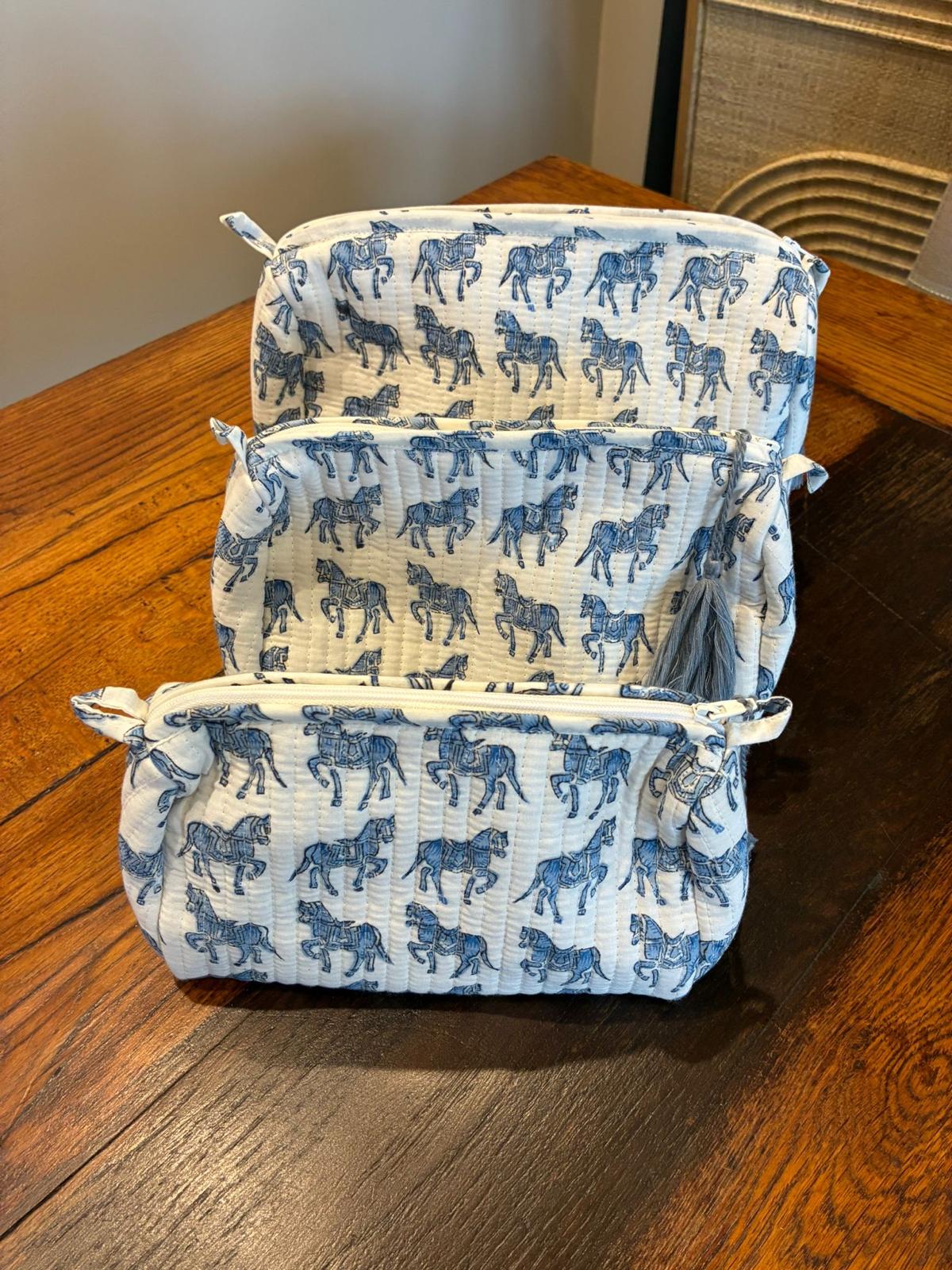Woodblock Blue Horse Quilted Makeup Bag Set