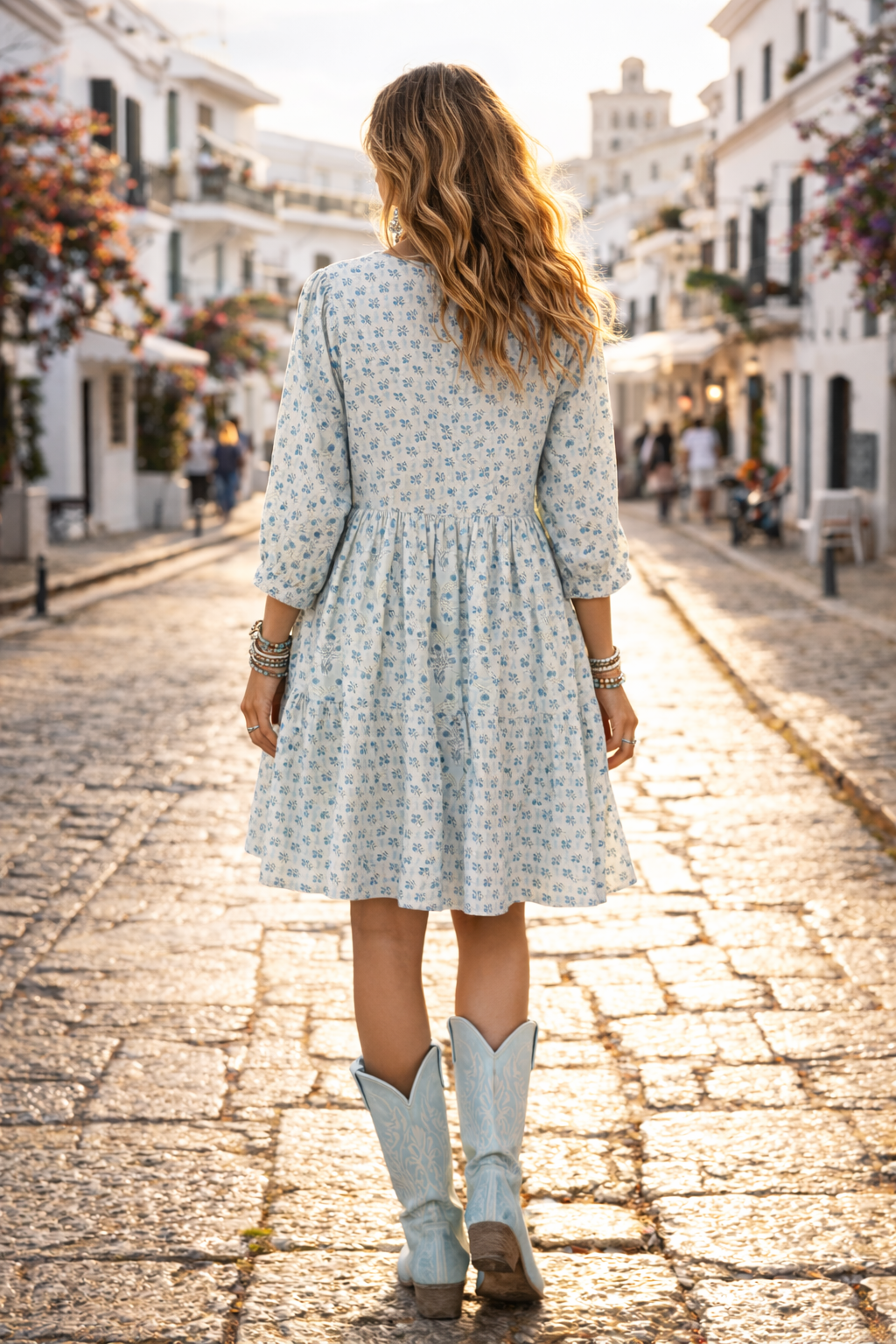 Ayla ethnic Ditsy floral 100% Cotton Voile dress with delicate woodblock printed flowers in Blue on Blue