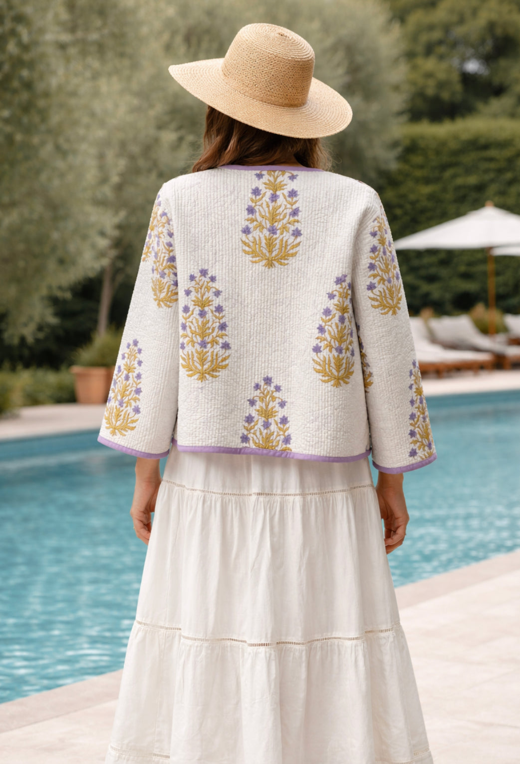 Peony Woodblock print Cotton jacket - reversible
