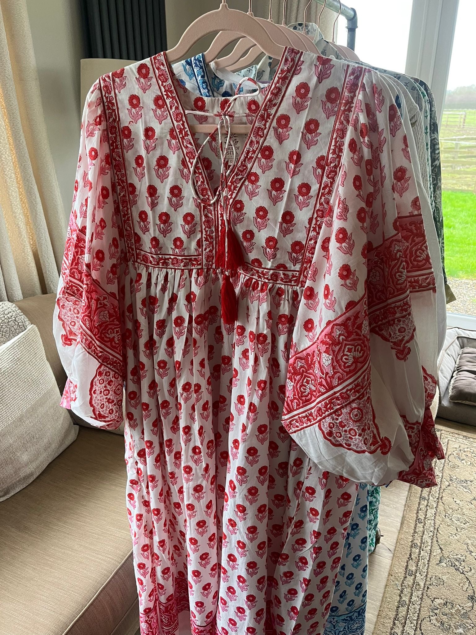 Amelia Red Floaty sleeve Folk Print maxi dress