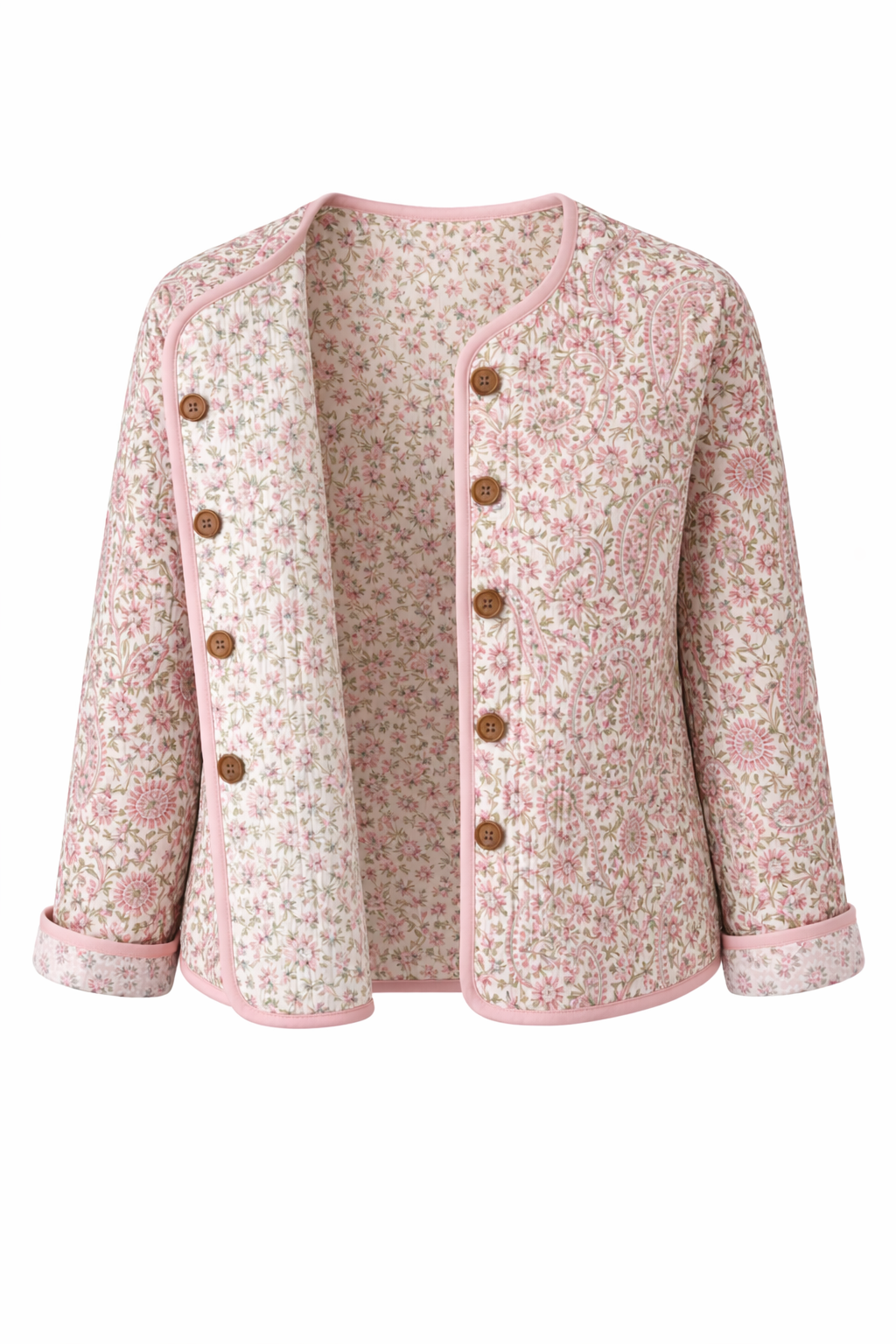 Pink/Green Floral wood block printed reversible jacket with wooden buttons, 100% cotton, hand printed by amazingly talented artisans in Jaipur.