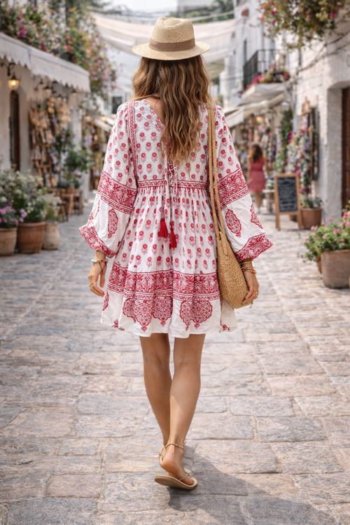 Amelia Folk print mini dress with wood block print on cotton voile