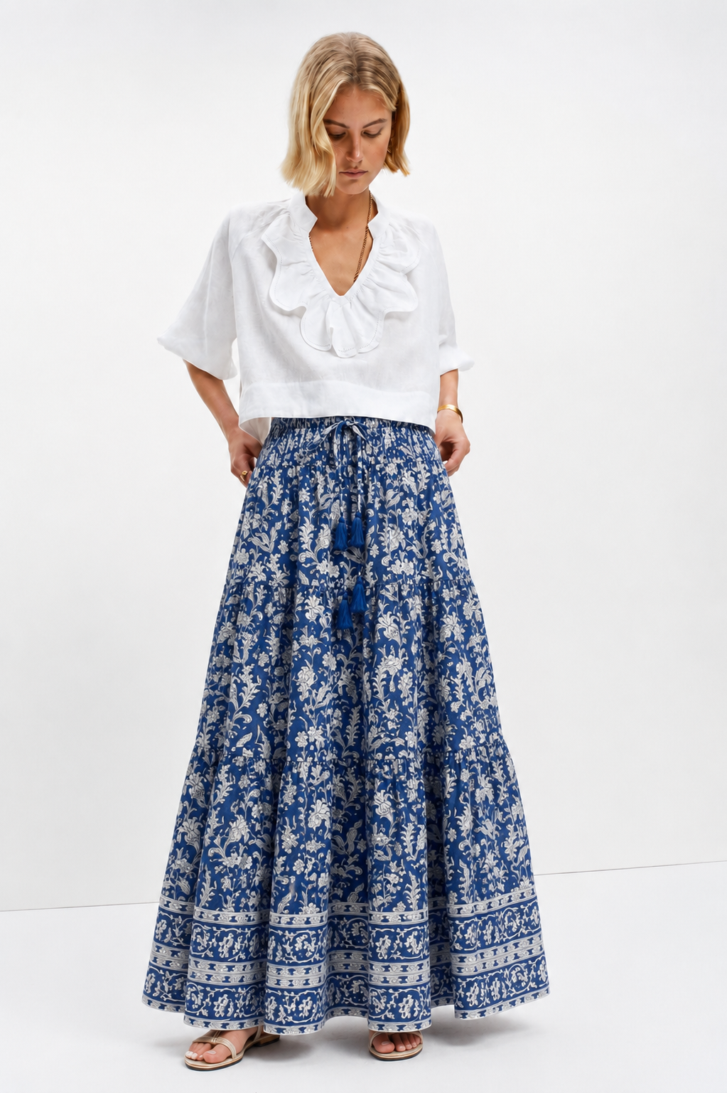 Blue Brianne Woodblock print skirt with border