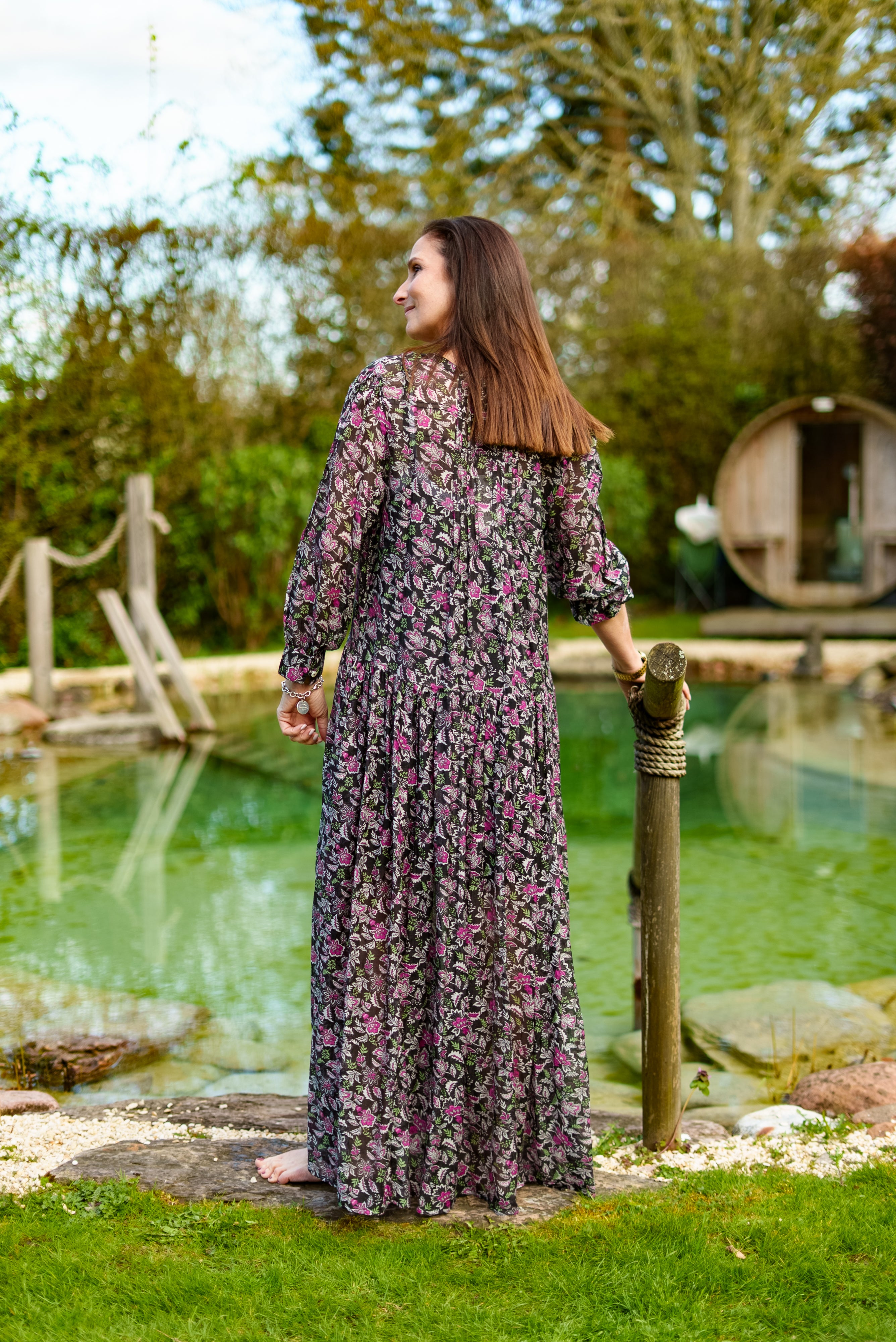 Inky black Cotton / Silk maxi dress in beautiful floral print with separate cotton vest under garment. Side pockets.
