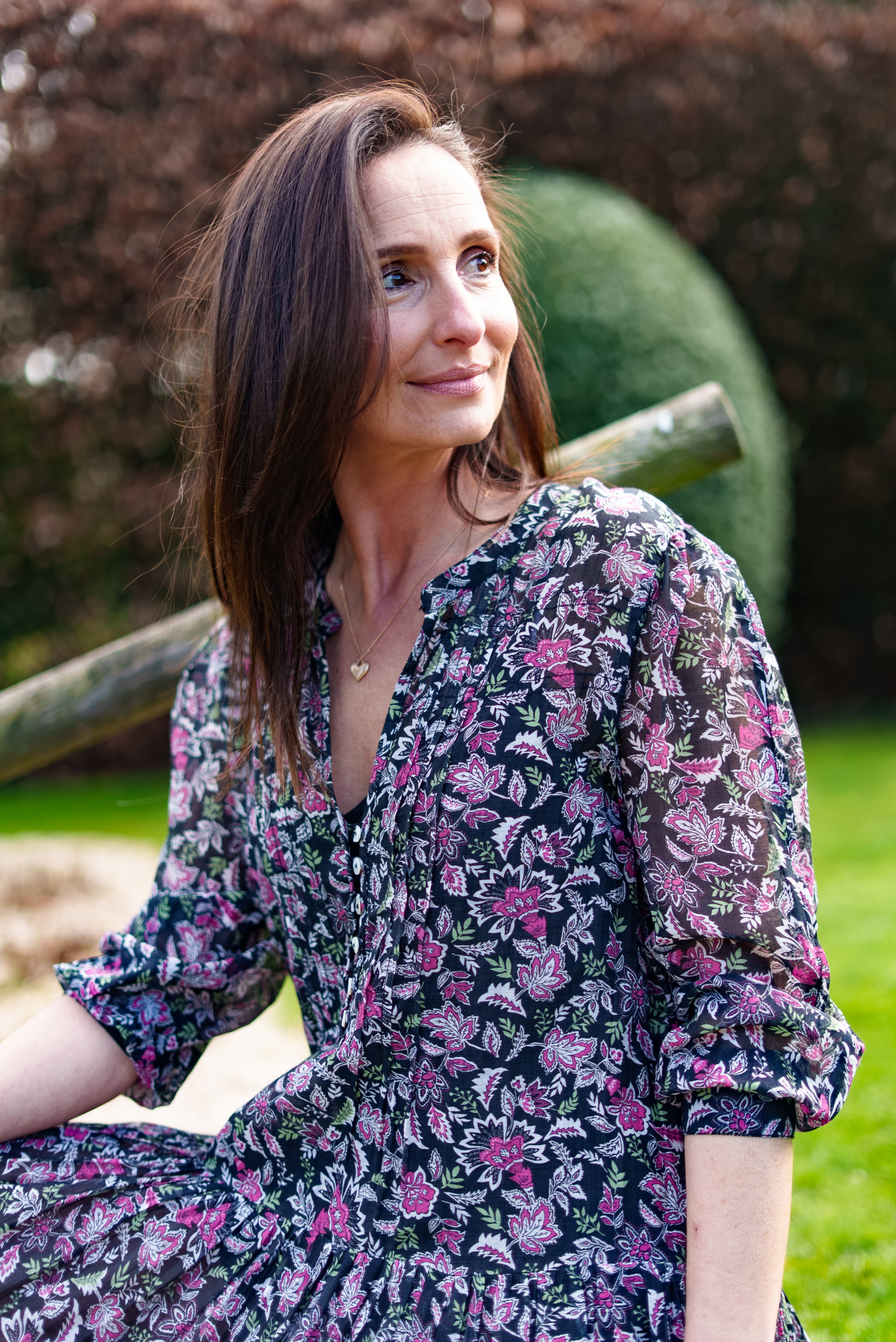 Inky black Cotton / Silk maxi dress in beautiful floral print with separate cotton vest under garment. Side pockets.