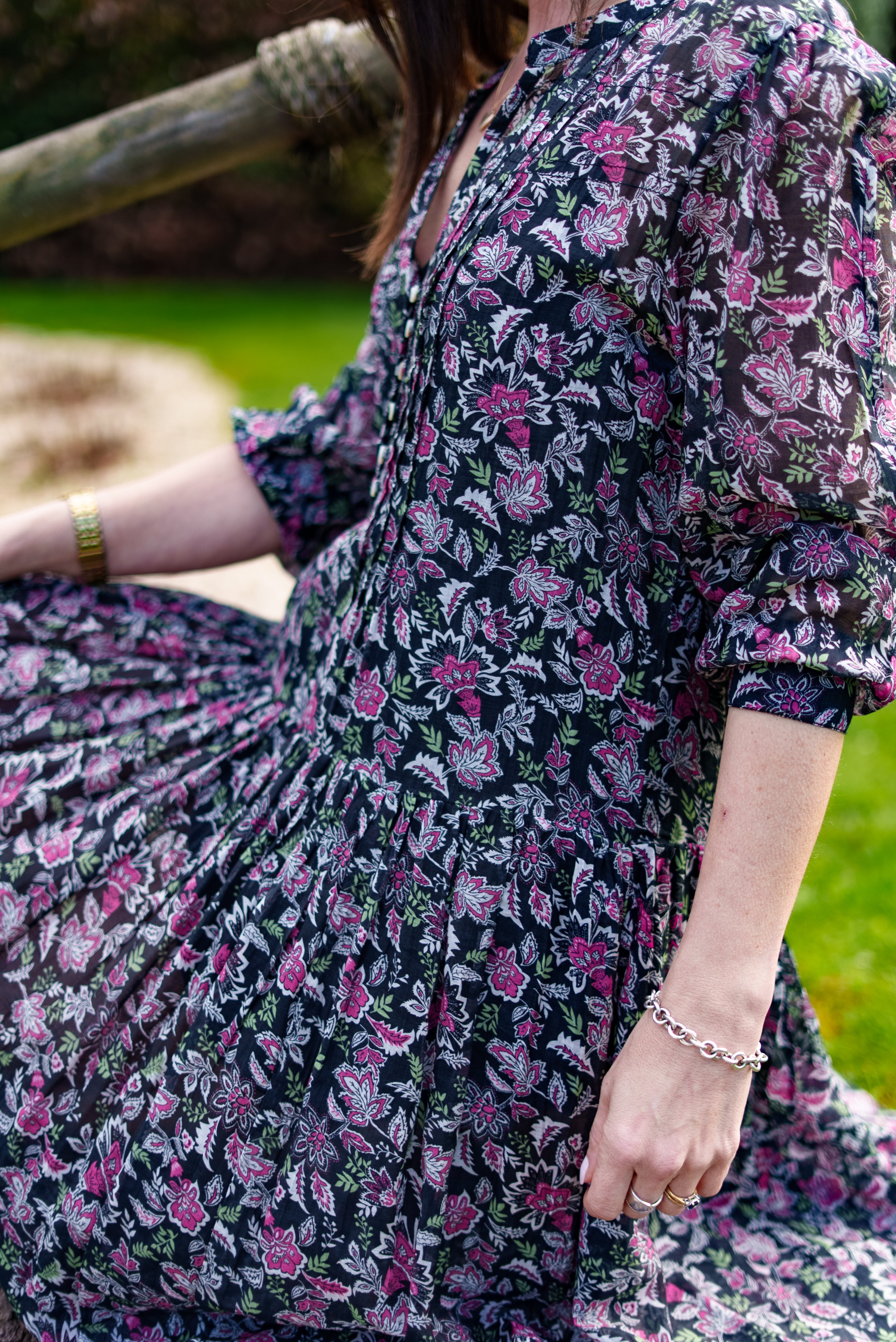 Inky black Cotton / Silk maxi dress in beautiful floral print with separate cotton vest under garment. Side pockets.