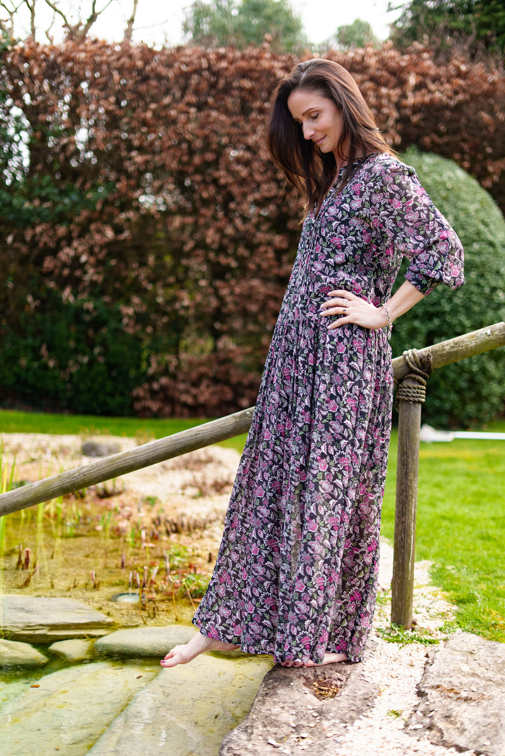 Inky black Cotton / Silk maxi dress in beautiful floral print with separate cotton vest under garment. Side pockets.