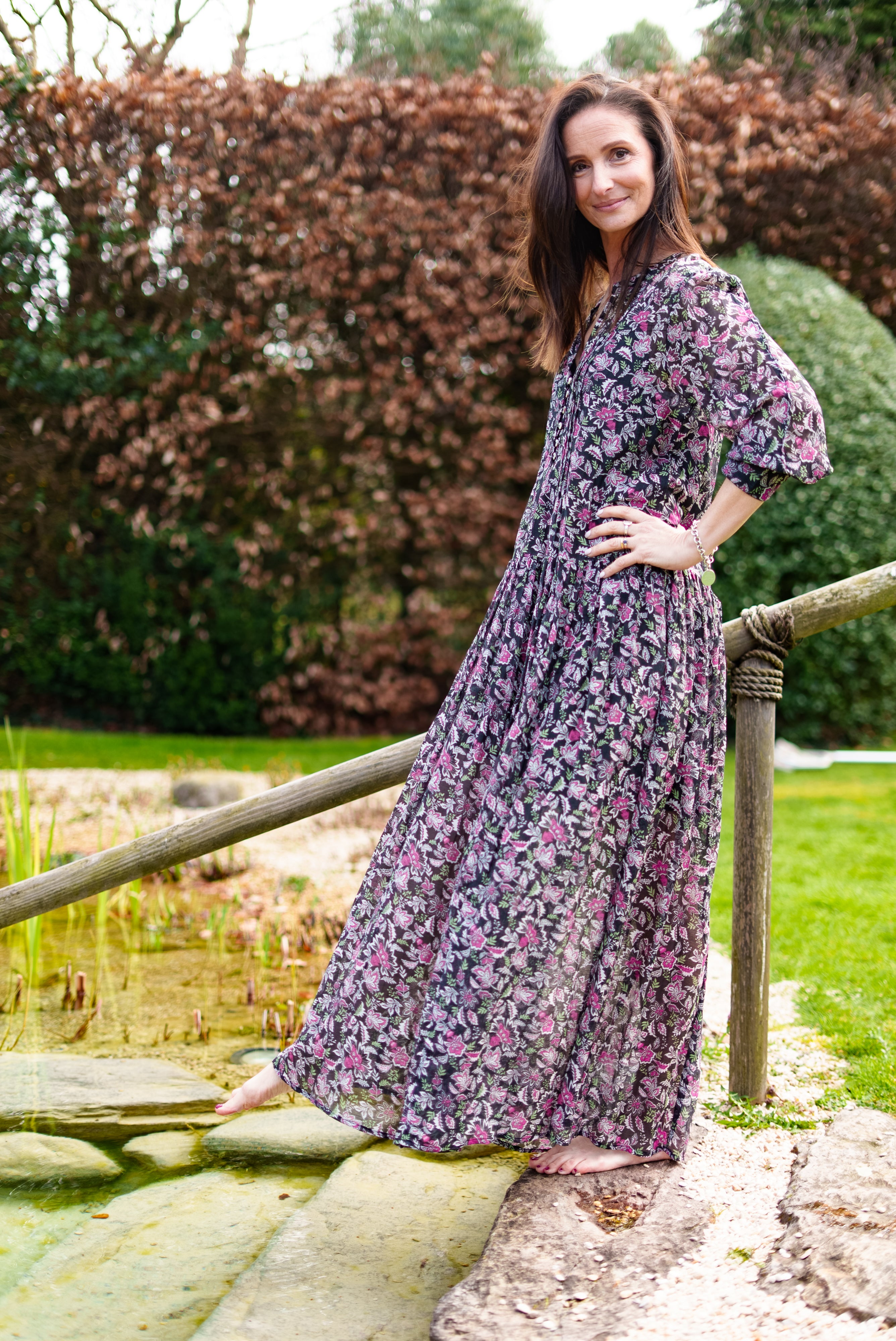 Inky black Cotton / Silk maxi dress in beautiful floral print with separate cotton vest under garment. Side pockets.