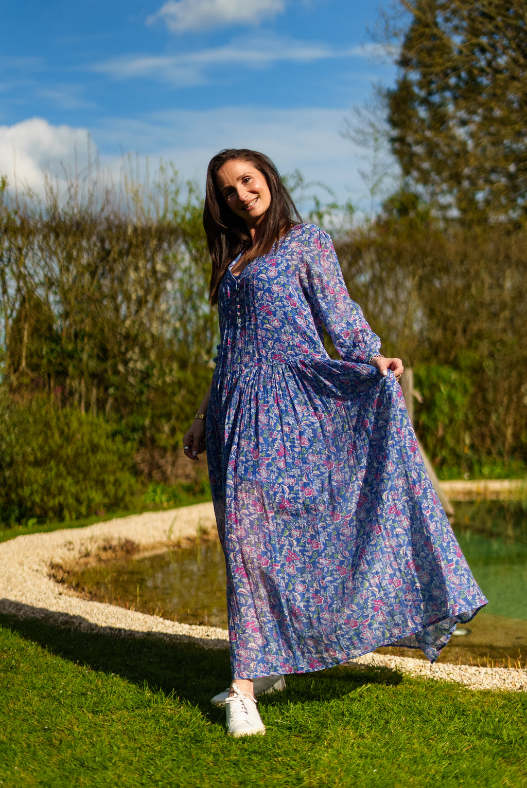 Inky blue cotton / silk mix maxi dress and separate under vest. With side pockets. Beautiful breathable fabric.