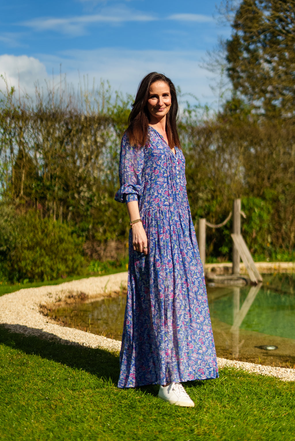 Inky blue cotton / silk mix maxi dress and separate under vest. With side pockets. Beautiful breathable fabric.