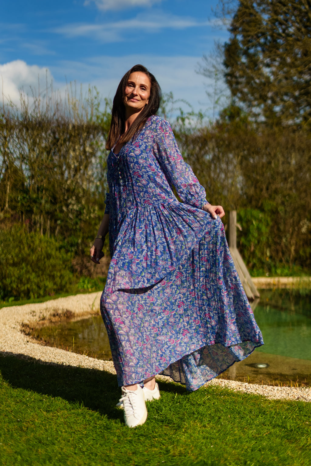 Inky blue cotton / silk mix maxi dress and separate under vest. With side pockets. Beautiful breathable fabric.