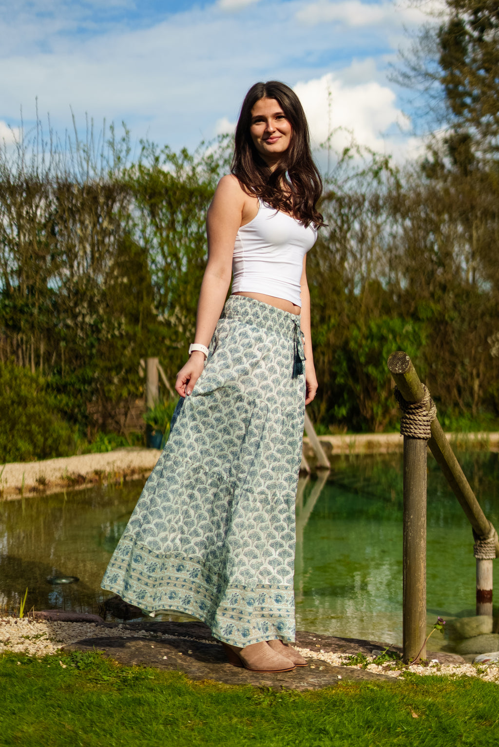 Adalyn Pattern Maxi woodblock printed skirt in green