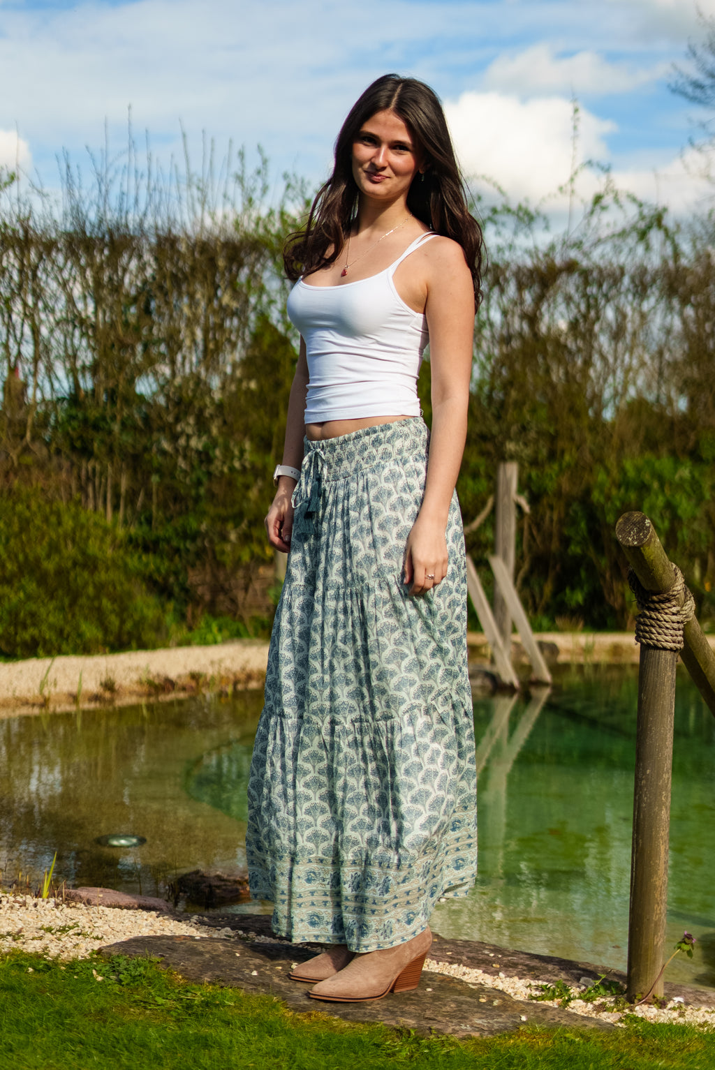 Adalyn Pattern Maxi woodblock printed skirt in green