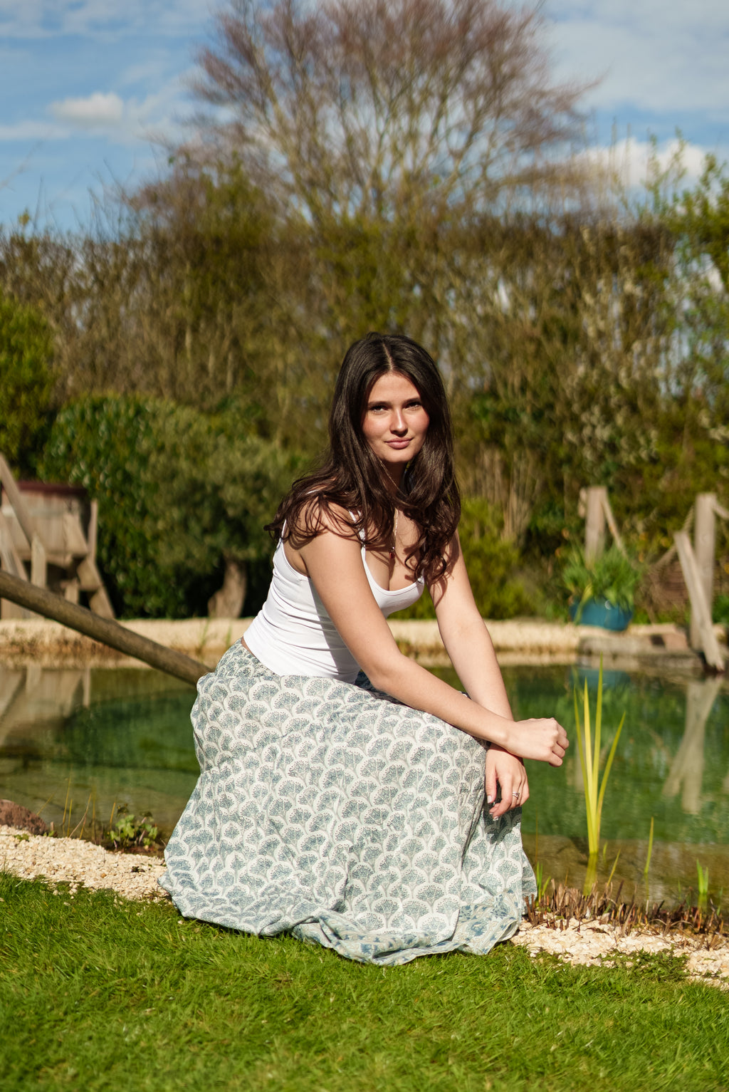 Adalyn Pattern Maxi woodblock printed skirt in green