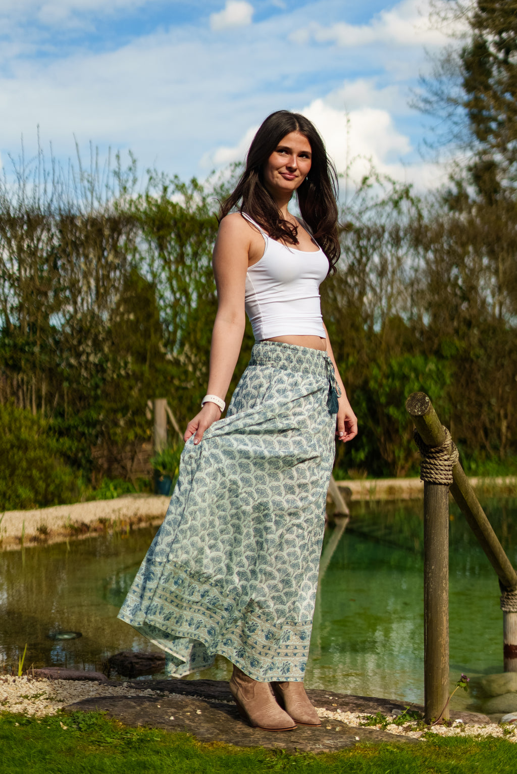 Adalyn Pattern Maxi woodblock printed skirt in green