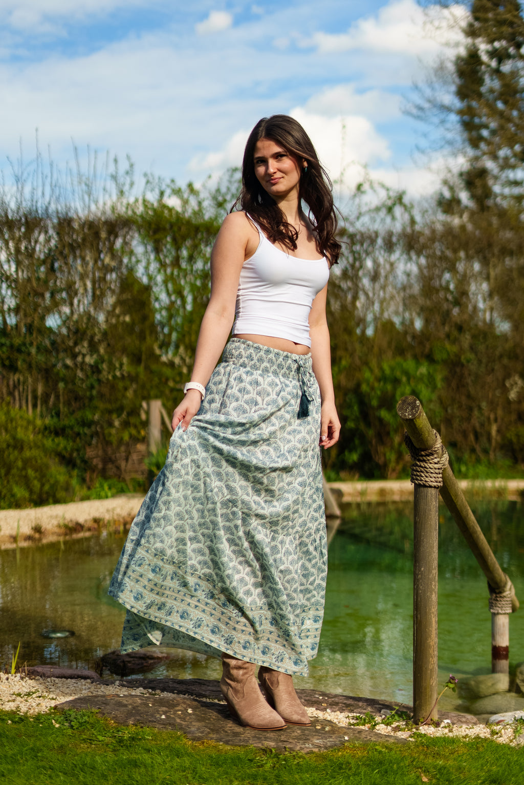 Adalyn Pattern Maxi woodblock printed skirt in green