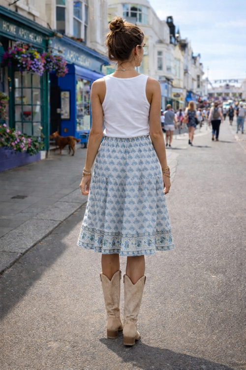 Anna Blue Knee length woodblock printed gypsy skirt, with border