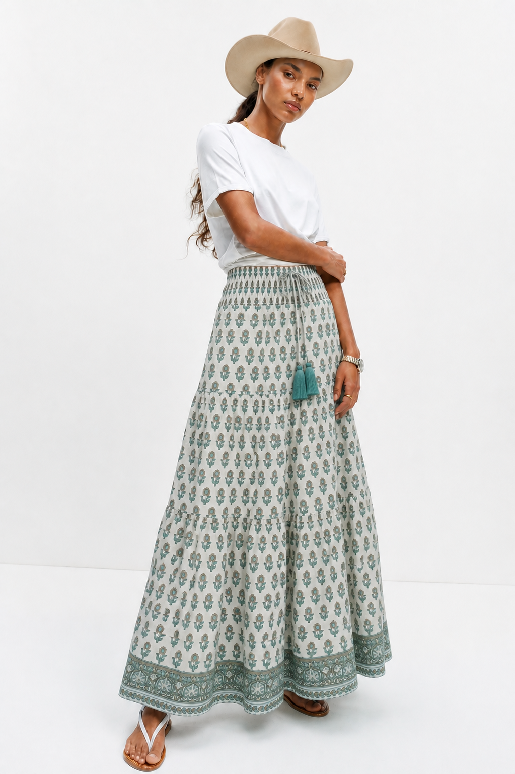Woodblock printed cotton voile maxi skirt with border print.