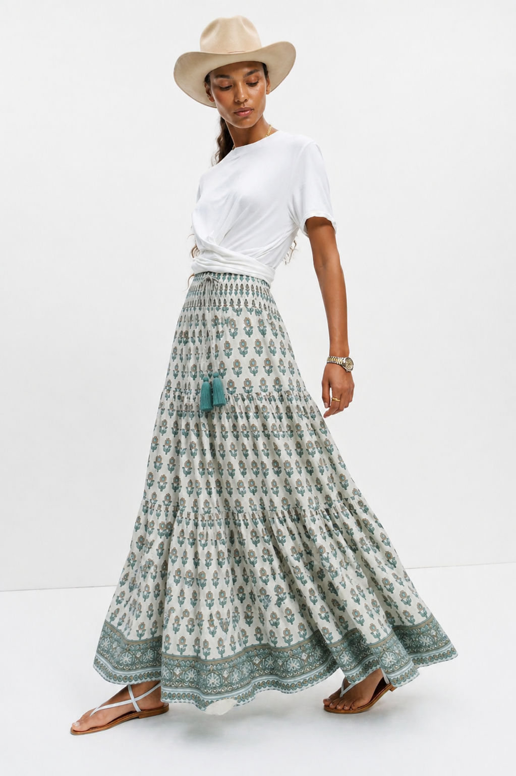 Woodblock printed cotton voile maxi skirt with border print.