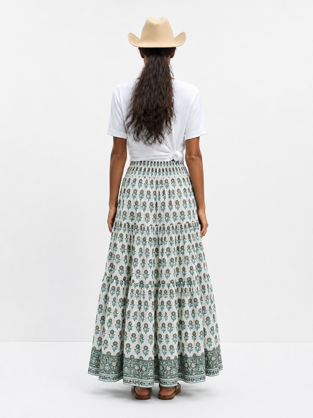 Woodblock printed cotton voile maxi skirt with border print.